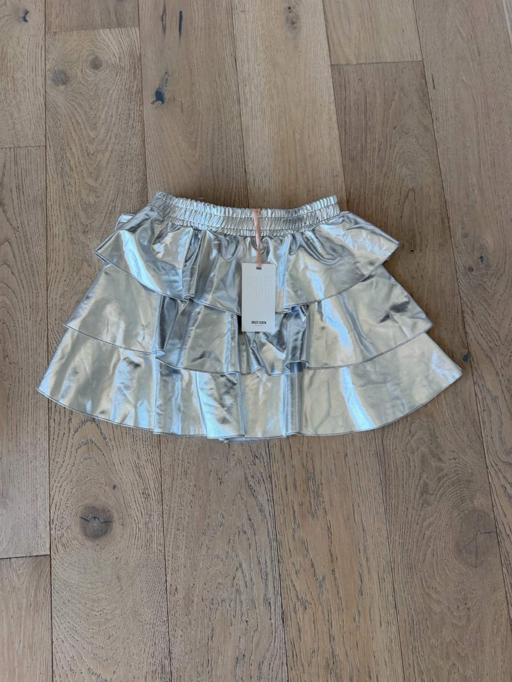 NWT Girls Grace Karin Metallic Silver Tiered Ruffle Skirt Size 10